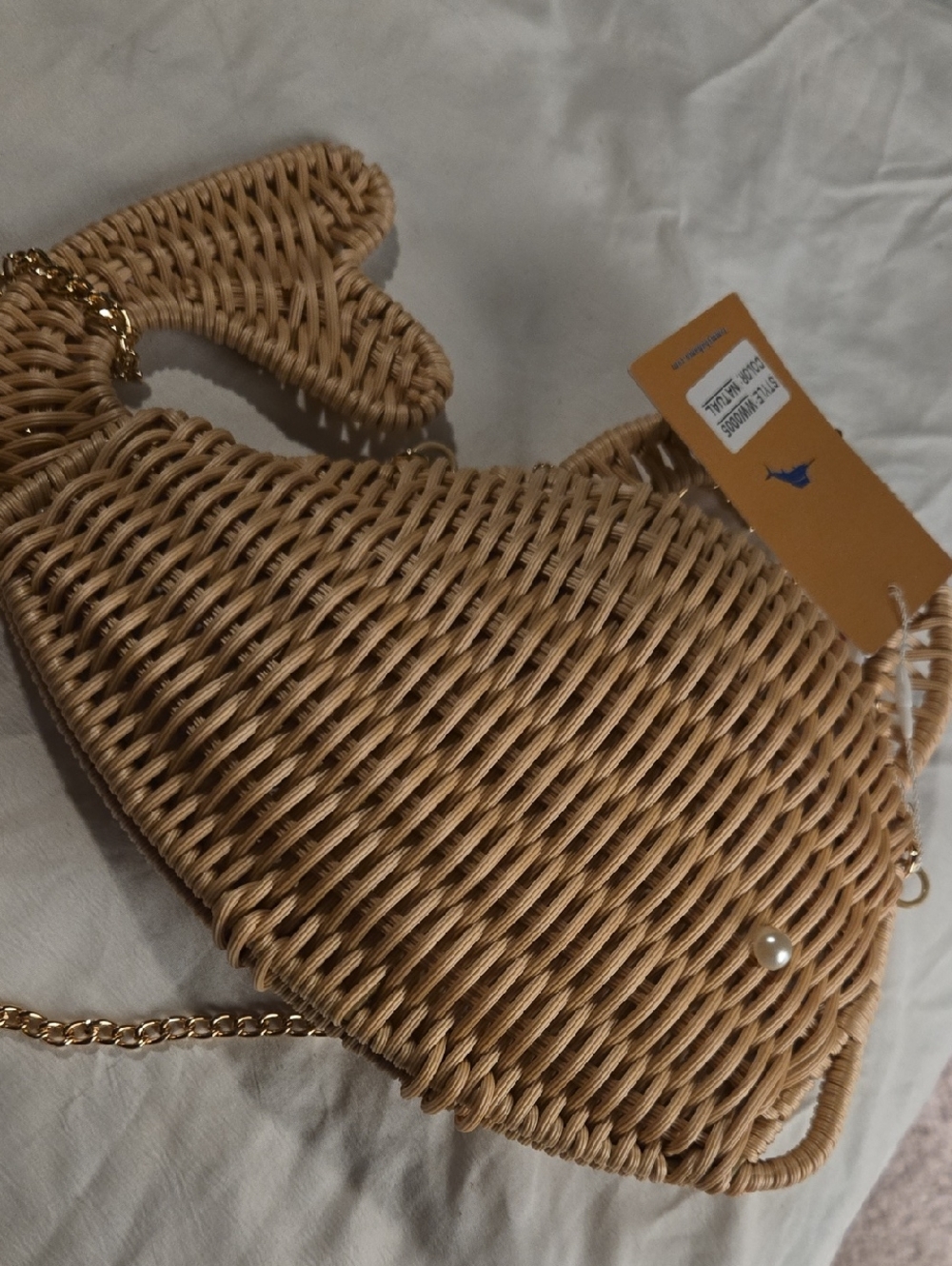 Woven Fish-Shaped Crossbody Bag in Natural Tan